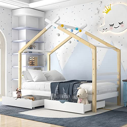 HESHU Kinderbett Hausbett 90x200 cm, Bettgestell mit 2 Schubladen, Bett für Jungen und Mädchen, Massivholzbett mit Rausfallschutz und Lattenrost, ohne Matratze, Weiß+Natur