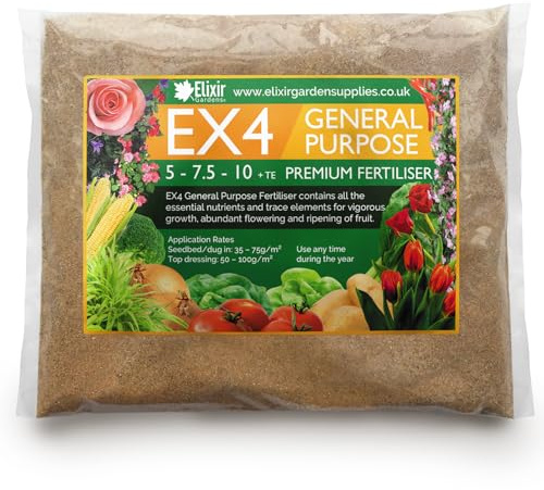 Elixir Gardens | EX4 General Purpose Premium Fertiliser | 5-7.5-10 + Trace Elements | Treats upto 150sqm | 100g - 25kg Supplied in Bag or Tub (5kg Bag)