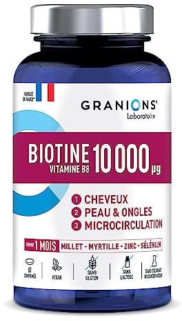 Biotine 10 000 µg GRANIONS, Complement alimentaire CHEVEUX, PEAU, ONGLES - Vitamine B5, Biotine, Millet, Cystine, Myrtille, Zinc, Sélénium, Methionine - Vegan, sans gluten, 60 comprimés Made in France