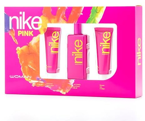 NIKE - Pink Colonia 100 ml + Crema Corporal 75 ml + Gel de Baño 75 ml, Estuche de Regalo Mujer, Eau de Toilette Natural y Femenina, Aroma Floral Afrutado, Fragancia Fresca, Seductora y Duradera