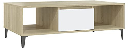 Makastle Couchtisch Wohnzimmer Tisch mit 1 Tür und 2 offenes Fach, Sofatisch Kaffeetisch Beistelltisch Loungetisch für Wohnzimmer Schlafzimmer, Weiß und Sonoma-Eiche 103,5x60x35 cm Spanplatte