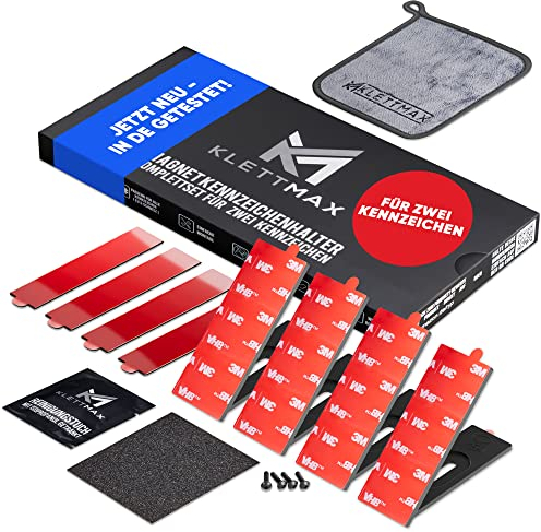 KLETTMAX® Magnetischer Kennzeichenhalter: Rahmenlose, wetterbeständige Halterung für Alu-, Wechsel- & 3D-Kennzeichen - Unsichtbares Design - Universelles Autozubehör - für 2 Kennzeichen