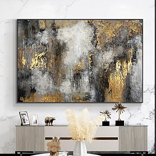 Gedrucktes modernes abstraktes Gemälde auf Leinwand, Gold, Schwarz, Grau, Wandkunst, Original-Ölgemälde für Wohnzimmer, Dekoration, Bilder, 80 x 120 cm/32 x 47 Zoll mit schwarzem Rahmen