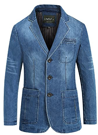 Chaqueta de Mezclilla Ajustada para Hombre Casual Blazer Vaquera Chaquetas de Traje de Algodón Vintage Slim Fit Chaqueta de Negocios de Mezclilla con 3 Botones y Múltiples Bolsillos Azul claro XL