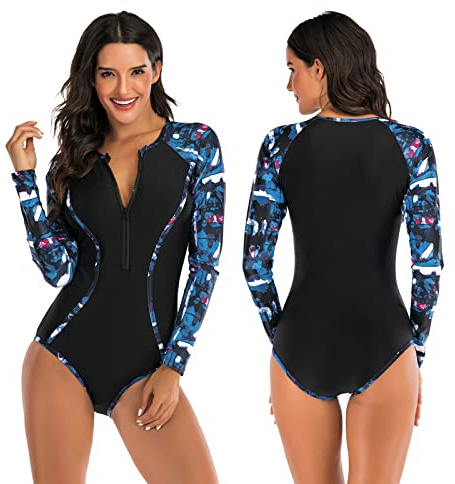 TDHLW Femme Combinaison NéOprèNe Une PièCe Combinaison Courte Thermique Manches Longues Fermeture éClair Avant Combinaisons d'eau pour PlongéE Surf Kayak Canoë Snorkeling,Bleu,L