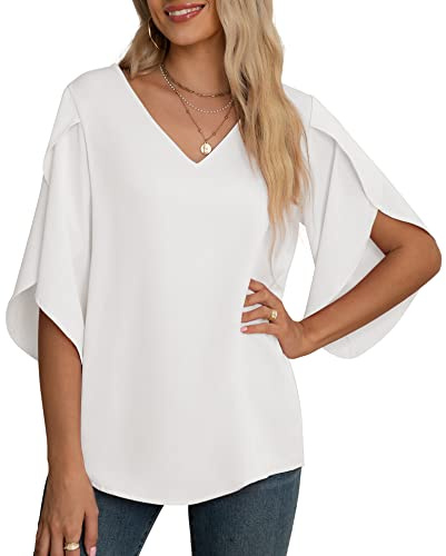 Yommay Chiffongblus för kvinnor damtoppar elegant ledig lös 3/4 veckad delad ärm V-hals sommarblus t-shirts, Vitt, L