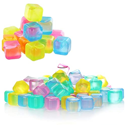 Hezhou 50 Stücke Bunte Eiswürfel Deko Acryl Eiswürfel Kunststoff Ice wiederverwendbar Eiswürfel Im Freien Kunststoff Eiswürfel Für Whiskey Fotografieren Props Deko 15mm (Leuchtendes Modell)
