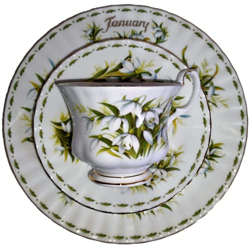 AngiesStrickZauber Vendue : Royal Albert/Original/Flower of the month/Janvier/1 tasse – 1 soucoupe – 1 assiette à gâteau/originale/Bone China/Angleterre