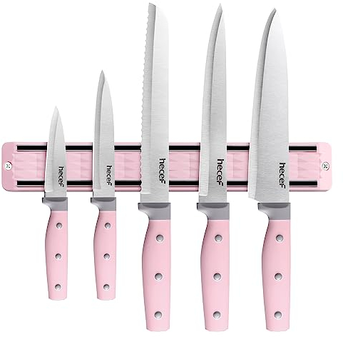 hecef 5-Piece Stainless Steel Knife Collection with Magnetic Holder, Triple-Riveted Pink Handles for Modern Kitchen Food Prep