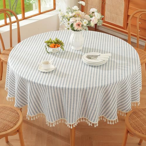 Plenmor Leinen Runde Tischdecke Gestreift 140cm, Blau Leinenoptik Tischdecke Abwaschbar Table Cloth Boho Tischdecke Maritim Baumwolle für Küchentisch und Outdoor Tischtuch