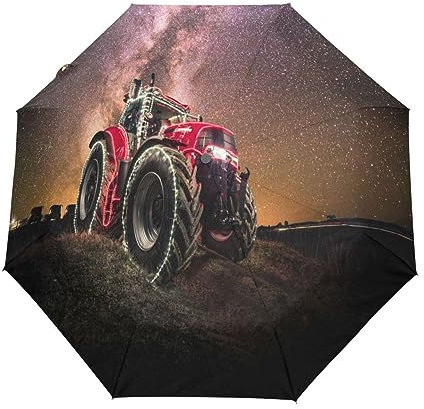 Boccsty Automatischer Regenschirm mit rotem Traktor Milkyway Galaxy, winddicht, wasserdicht, UV-Schutz, Reiseschirm – 3 Falten, automatisches Öffnen/Schließen, Sonnen- und Regenschirm, Autoschirm,