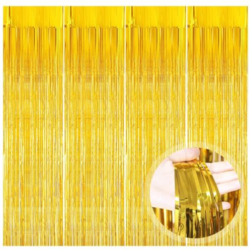 Ywwltt 4 Stück Lametta Vorhang Gold, 1x2M Glitzer Tinsel Curtain, Tinsel Folie Vorhang, Folienfransen Vorhang, Glitzer Vorhang Deko für Geburtstag Hochzeit Graduation Festliche Party Deko
