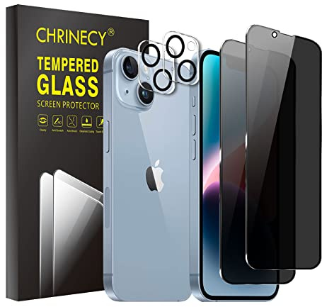 CHRINECY 2+2 Pack Privacy Screen Protector for iPhone 14 | With Camera Lens Protectors, 9H Tempered Glass, Anti-Spy, Case Friendly