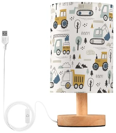 Yuiboo Bedside Table Lamp Light Table Lamp with Shade Cute Cars Truck Tractor Beep Yellow Lamp for Boys Home Office lampara