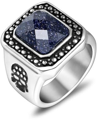 Skcess Edelstahl Ringe Männer, Ring Men Silber Breit mit Dunkelblauem Stein Ringe für Herren Männer Größe 62 (19.7)