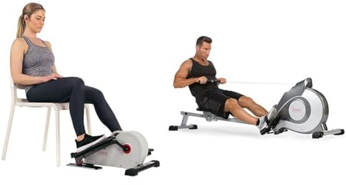 Sunny Health and Fitness Magnetic Under Desk Elliptical Peddler, Portable Mini with Resistance + Magnetic Rowing Machine, Folding Rower W/LCD Monitor and 8 Level Resistance