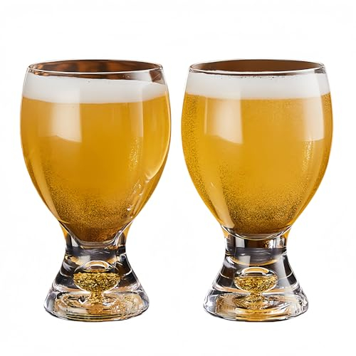 JINQFENG Verres à Bière à Pied en Verre Cristal, Base en Feuille d'or 33cl/50cl, Chope à Bière pour Ale Lager, Cidre, Vin, Jus, Thé Glacé, Lot de 2,370ml