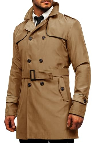 Runcati Men's Brown L Trench Coat, Slim Fit, Double Breasted, Medium Length, Windproof, Polyester, Solid, Unlined, 2 Pockets