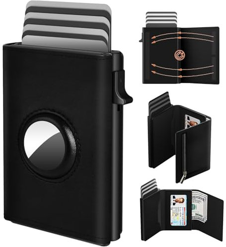 dwnkove Airtag Wallet, Slim Wallet mit Münzfach for Men, Portemonnaie mit RFID Schutz, Kreditkartenetui für 9-12 Karten, Smart Wallet, Magnetschalter und Pop Up-Mechanismus, ID-Fenster | Cash-Slot