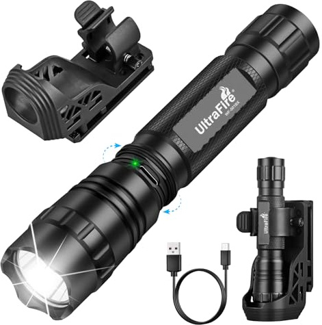 UltraFire Wiederaufladbare Taktische Taschenlampe mit Holster, 1000 Lumen 3 Modi Polizei Taschenlampe mit Gürtelholster, Safety Taschenlampen für Strafverfolgung, Camping, Outdoor, WF-501BX