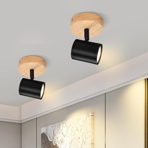 Deboola Deckenstrahler Schwarz Deckenlampe 1 Flammig - 2ER Deckenleuchte 1 Flammig Strahler Schwenkbar Wandstrahler Holz GU10 Spotleuchte Wand für Wohnzimmer Schlafzimmer Flur Küche(Ohne Leuchtmittel)