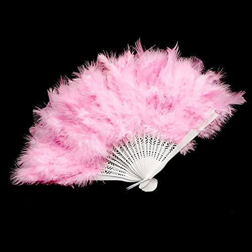 Lotsdonxia One Elegantly Delicate Hand-Operated Feather Fan, Ideal for Weddings, Parties, Performances and Dance Accessories– Foldable Fluff Fan（Pink）