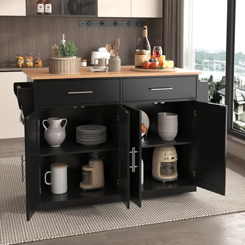 Merax Kücheninselwagen mit abklappbarer Arbeitsplatte, Küchenschrank auf Rollen mit 2 Schubladen & 4 Türen, Esszimmer bewegliche Kücheninsel, für Küche und Esszimmer, 120x46(70) x91 cm/Schwarz