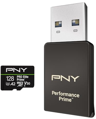PNY Kit microSDXC/microSD-Leser/SD Adapter, 128GB PRO Elite Prime Class 10 U3 V30 A2 microSDXC Flash SpeicherKarte, bis zu 200MB/s, 4K UHD