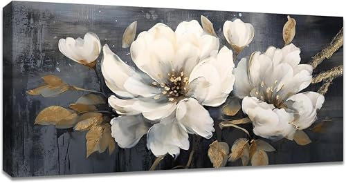 LMYCHENG Großes Wandbild auf Leinwand, Bilder mit weißen Pfingstrosen, Vintage-Blattgold-Gemälde auf gedruckter Leinwand, Poster, Dekor für Wohnzimmer, Schlafzimmer, 60 x 120 cm, rahmenlos
