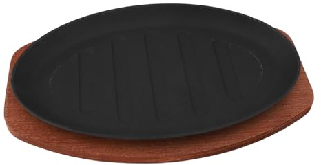 Tomotato Plato de Carne en Sartén de Hierro Fundido de 12 Pulgadas con Base de Madera, Fish Freing Grill Pan de Filete para Restaurante y Cocina del Hogar