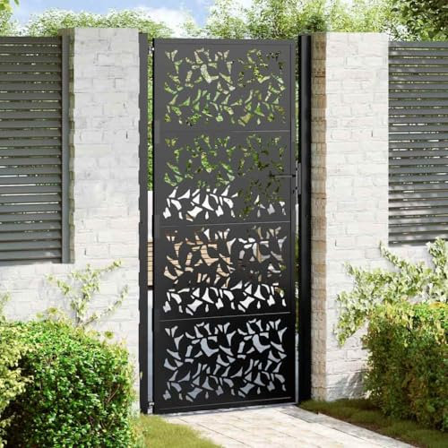 qohoio 4100963 Garden Gate Black 105x205 cm Steel Leaf Design Garden Gates High galvanised wrought iron metal swing gate