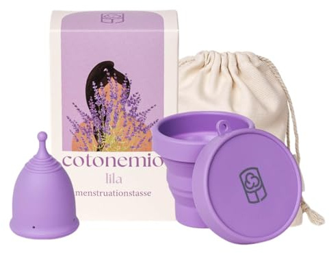 Cotonemio Lila – S Coppetta Mestruale in 100% Silicone Medico con Sterilizzatore e Sacchetto in Cotone | Kit Coppetta Riutilizzabile, Senza BPA, Fino a 12 Ore di Protezione