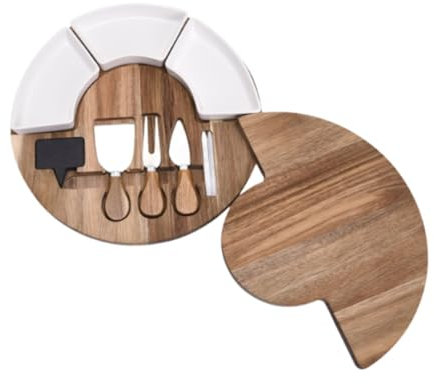 MagiDeal Tabla de quesos con Cuchillos Utensilios de Cocina de Madera Bandeja de quesos portátil Redonda para Servir en casa Aniversario Cumpleaños