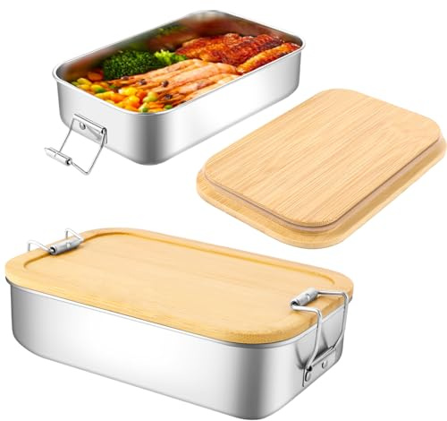 SHUESS 2er Edelstahl Brotdose Kinder 700ml mit Bambusdeckel – Auslaufsichere Metall Lunchbox Edelstahl Wiederverwendbar – Lunch-Boxen, Brotdose Edelstahl Metall für Schule Erwachsene Camping Bento Box