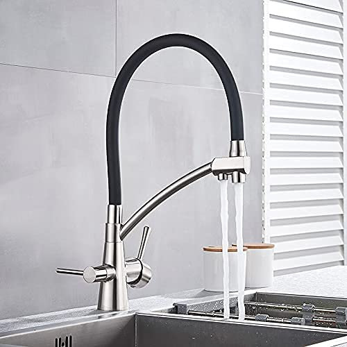 Küchenspülenarmaturen Wasserhähne Filter Küchenreinigung Flexibler drehbarer Küchenhahn Doppelauslauf Doppelgriff-Mischbatterie Heiß- und Kaltwassermischer