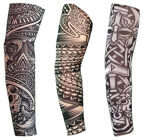 Kinder Vollarm Temporäre Tattoos Ärmel | 3 STK gefälschte Tattoos für Rockstar Wikinger Pirat Hawaiianisch Samoanisch Tribal Faschingskostüm | für Jungen & Mädchen 5 Jahre bis Teenager | Halloween
