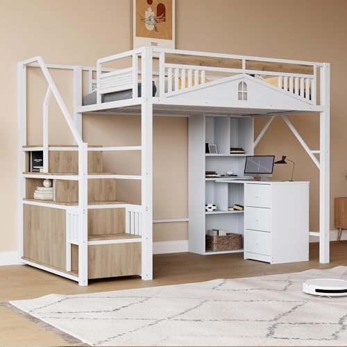 Kinderbett Etagenbett 140x200 cm, Hochbett mit Treppe und Stauraumschrank, Metallbett Funktionsbett Doppelbett Stockbett Spielbett Jugendhochbett mit Rausfallschutz & Lattenrost, Ohne Matratze, Weiß