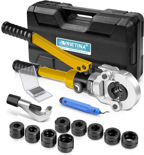 Profi Presszange Kupferrohr V-Kontur und TH-Kontur mit Rohrabschneider | und Entgrater, Handpresszange Kupferrohr Presszange Verbundrohr mit V12 V15 V18 V22 V28 Und TH16 TH20 TH26 TH32, Gelb