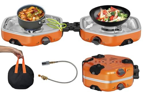 BOOZXCV Réchaud de Camping à gaz Pliable, Réchaud à 2 brûleurs Portable, Portable avec Grill, pour Le Camping, Cuisine d'urgence