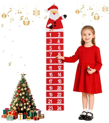 Christmas Fabric Advent Calendar Santa Claus Felt Countdown Calendar, Wall Hanging Fabric Advent Calendars DIY Hanging Felts with 24 Days Pockets for Xmas Gifts Home Door Wall Window Hanging