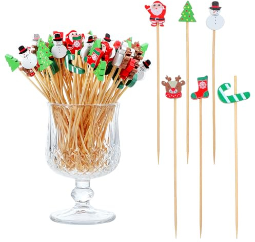 100 Stück Weihnachten Cocktailspieße,12cm Fingerfood Spieße,Bambus Weihnachten Lebensmittel,Weihnachts-Cocktail-Picks Mit Schneemännern,Weihnachtsmann,Rentieren,Weihnachtsbäumen Cocktailspießen