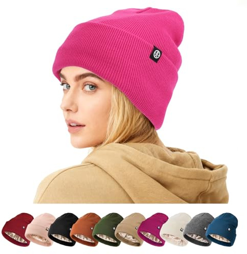 AYPOW Vinter varm satin fodrad stickad mössa för män och kvinnor, slouchy beanie mössa sidenfoder stickad vintermössa, mode klassisk termisk vindtät löparmössor för utomhussporter, Rosenröd, one size