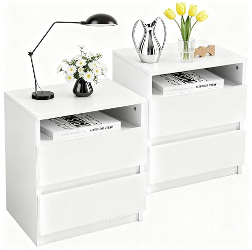 Mingone 2er-Set Nachttische mit 2 Schubladen,Nachtschrank aus Holz,Beistelltisch mit Stauraum für Wohnzimmer, Schlafzimmer Weiß