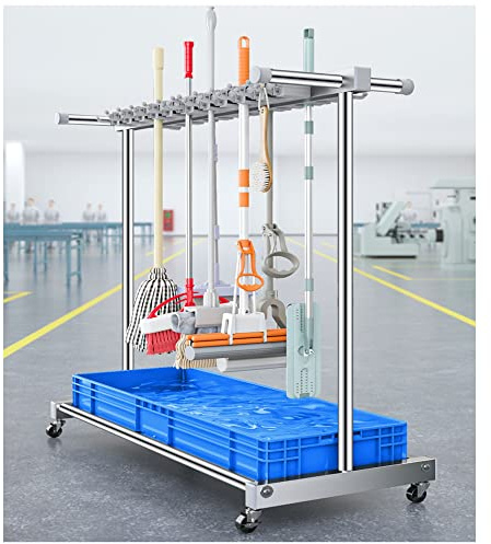 Chariot à outils de nettoyage mobile avec roulettes, organisateur de rangement et égouttoir pour serpillère humide pour fournitures de maison et de jardin