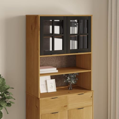 hohmlaat Brown Solid Pine Wood Highboard Top, 2 Tempered Glass Doors, Stained Finish, Rectangular Sideboard, 31.5 Wide Dining & Living Room Storage Cabinet for Display