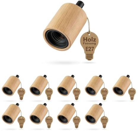 ledscom.de 10 portalámparas E27 KIVO de madera auténtica, con alivio de tensión, portalámparas para lámparas colgantes de bricolaje, 230 V CA, máx. 60 W