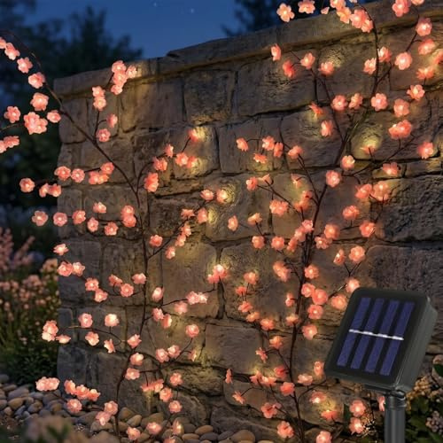 Gresonic Solar 120cm 48 LEDs Kirschblüten Lichterkette, Weidenranke Willow Vine Lichter mit IP44 8 Lichtmodi, Solarbetrieben Kirschblüten Deko Lichter für Innen Außen Balkon Garten