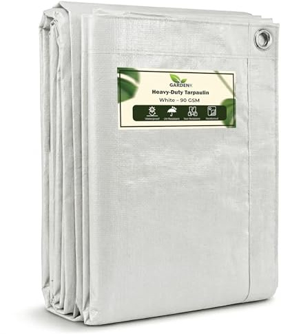 GARDENIX Tarpaulin 3m x 3m White Heavy Duty 90gsm Waterproof Tarp Sheet Cover, Groundsheet, Multipurpose, Reinforced
