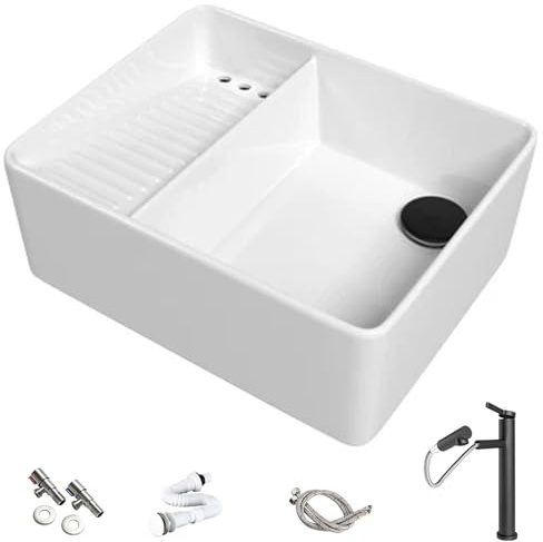 Lavabo da Appoggio Bagno con Asse per Lavare, Design a Doppia Vasca, in Ceramica, Lavandino Bagno con Kit di Scarico, per Balconi Toilette(White,480x340x150mm)