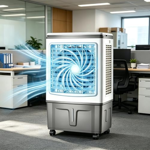 3 in 1 Condizionatore Portatile con Serbatoio d'acqua da 7.9 Galloni, Ventilatore, Umidificatore con Ghiaccio e Deumidificatore, 3 Velocità, Telecomando, Timer 7 Ore, per Camera, Camper, Ufficio